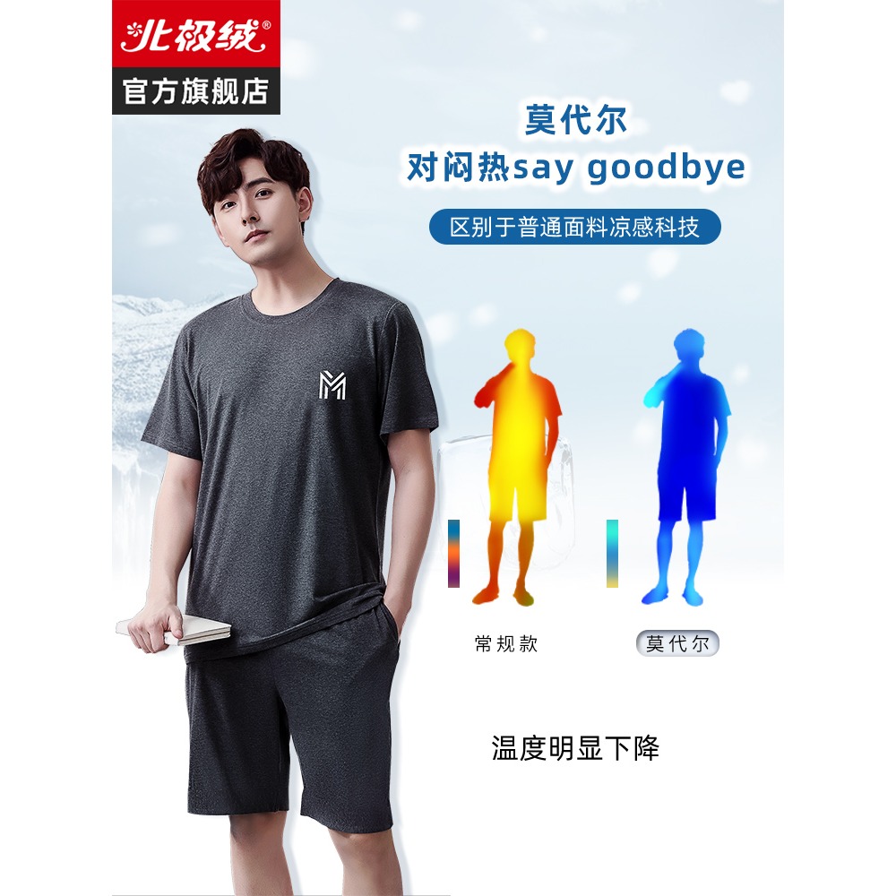 男士睡衣夏季莫代爾薄款冰絲短袖休閑大碼真絲睡衣家居服兩件套裝-細節圖4
