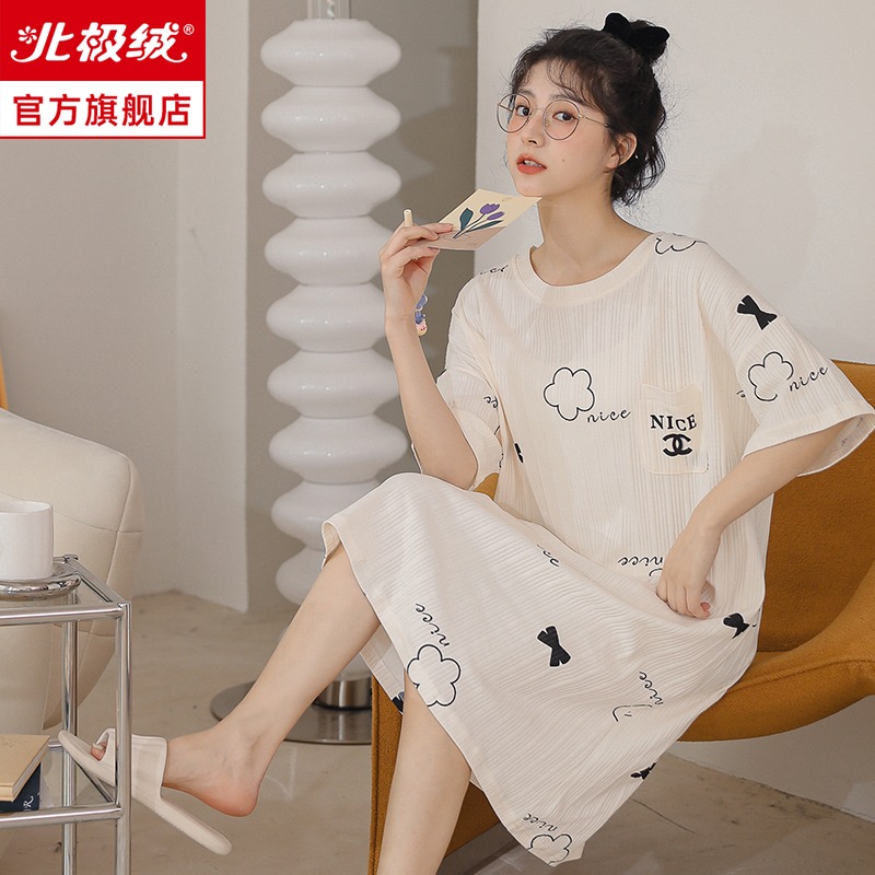 睡裙夏季女士年新款短袖純棉薄款寬松大碼可愛春秋家居服睡衣-細節圖2