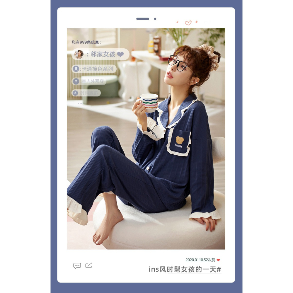 睡衣女士春秋款年新款純棉長袖ins風大碼可外穿家居服兩件套-細節圖6