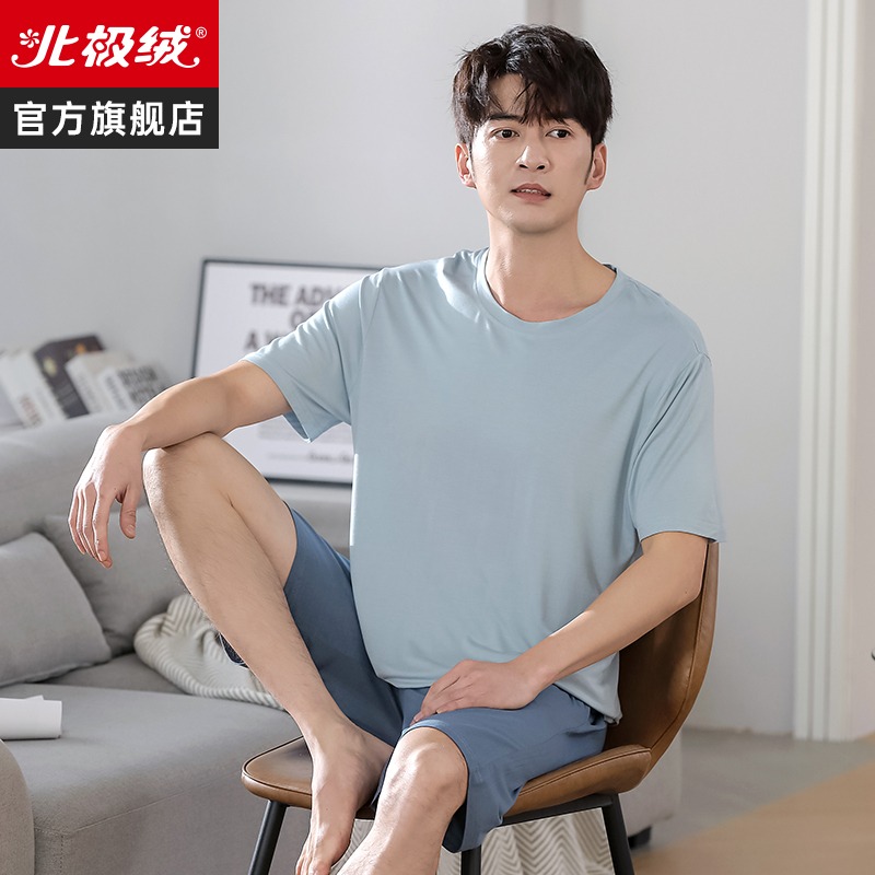 莫代爾冰絲男士學生夏款睡衣大碼寬松短袖薄款家居服兩件套套裝-細節圖2