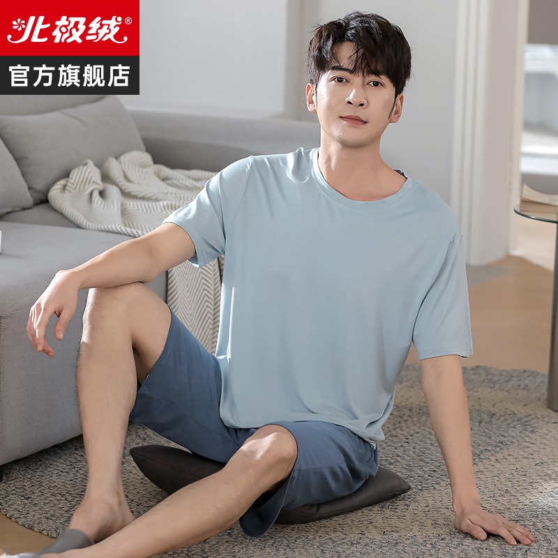 莫代爾冰絲男士學生夏款睡衣大碼寬松短袖薄款家居服兩件套套裝-細節圖3