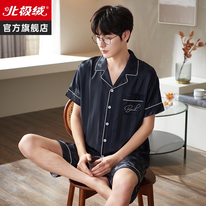 冰絲男士睡衣夏款仿真絲可外穿休閑薄款高級感短袖家居服套裝-細節圖2