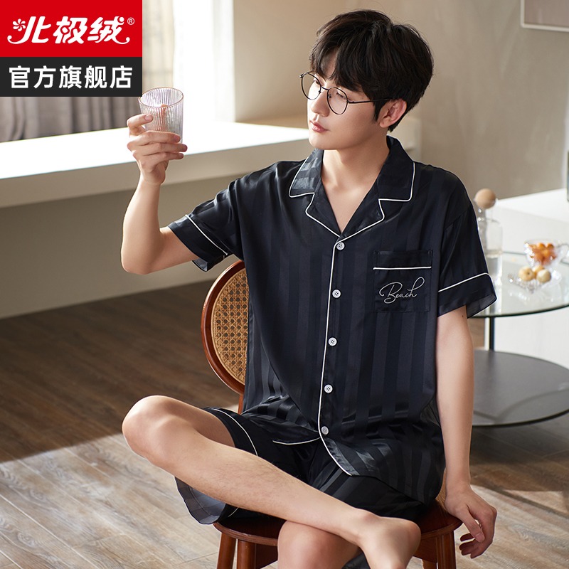 冰絲男士睡衣夏款仿真絲可外穿休閑薄款高級感短袖家居服套裝-細節圖3