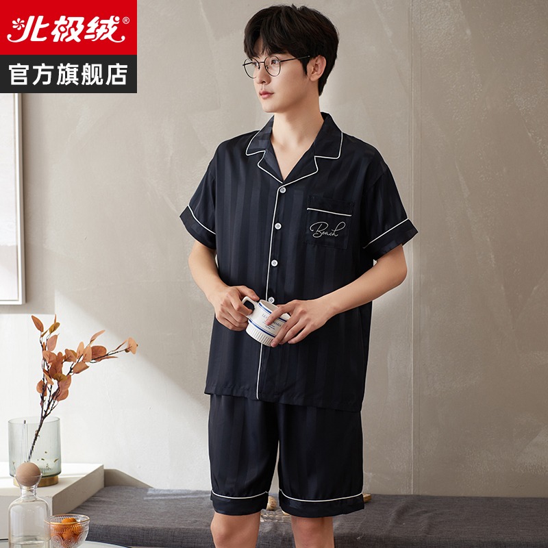 冰絲男士睡衣夏款仿真絲可外穿休閑薄款高級感短袖家居服套裝-細節圖4