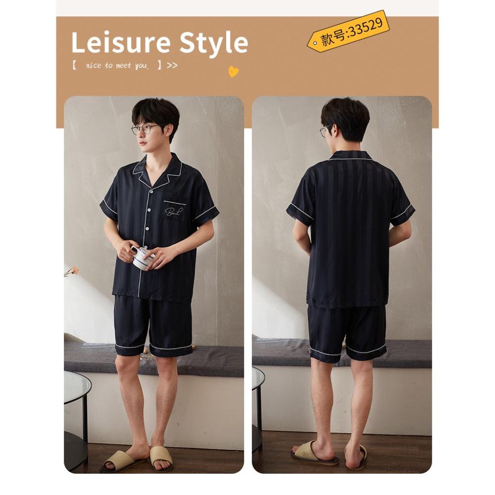 冰絲男士睡衣夏款仿真絲可外穿休閑薄款高級感短袖家居服套裝-細節圖9