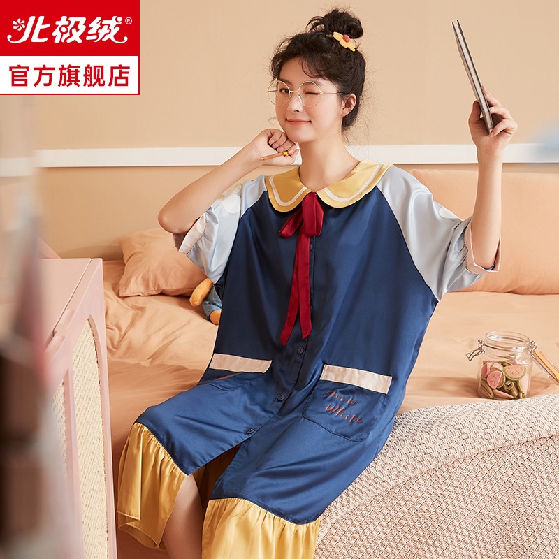 冰絲睡裙女士夏款薄款短袖高級感絲綢大碼寬松可外穿家居服睡衣-細節圖2