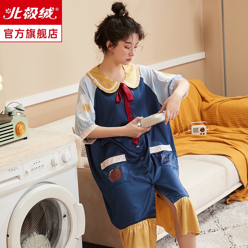 冰絲睡裙女士夏款薄款短袖高級感絲綢大碼寬松可外穿家居服睡衣-細節圖3