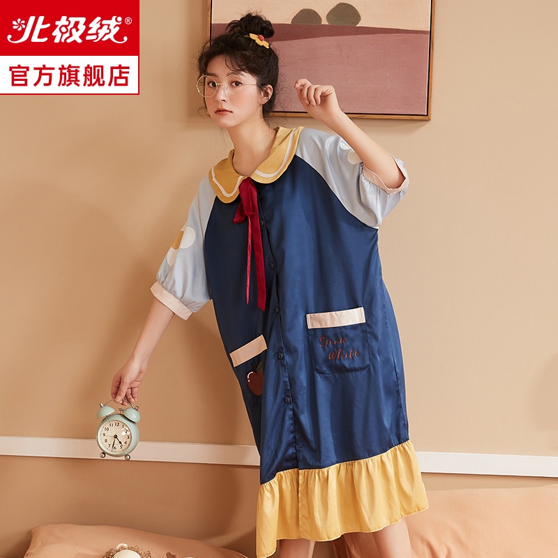 冰絲睡裙女士夏款薄款短袖高級感絲綢大碼寬松可外穿家居服睡衣-細節圖5