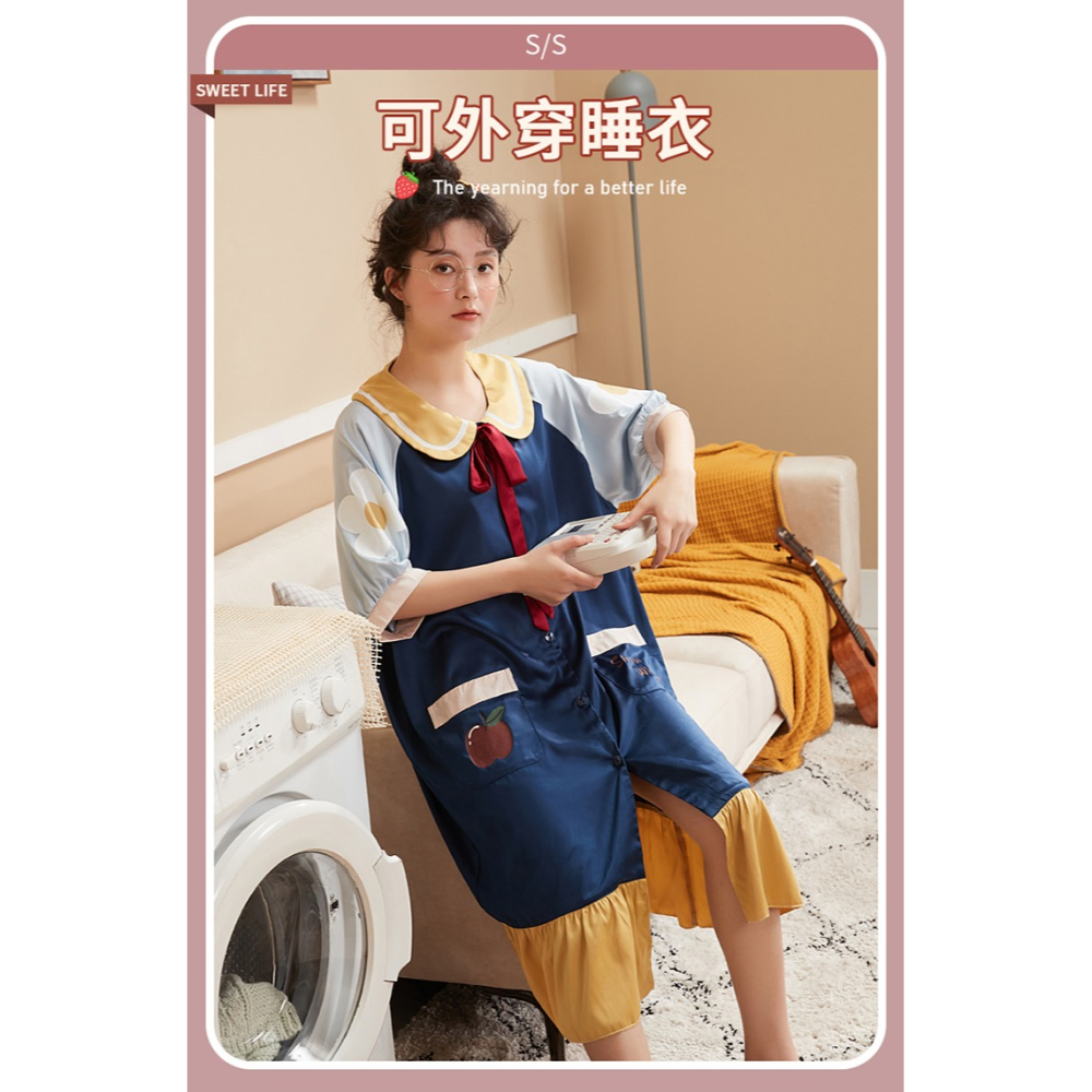 冰絲睡裙女士夏款薄款短袖高級感絲綢大碼寬松可外穿家居服睡衣-細節圖6