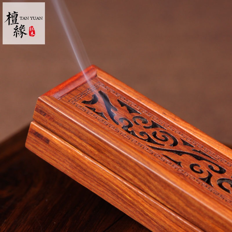 紅木質臥香盒小葉紅檀香薰爐線香爐鏤空薰香禮盒套裝香道用品送禮-細節圖3