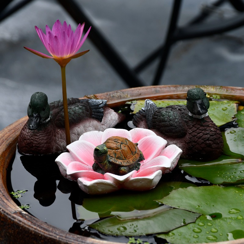 戶外花園仿真浮水鴨子荷花擺件樹脂烏龜假山魚缸水景魚池裝飾造景-細節圖2