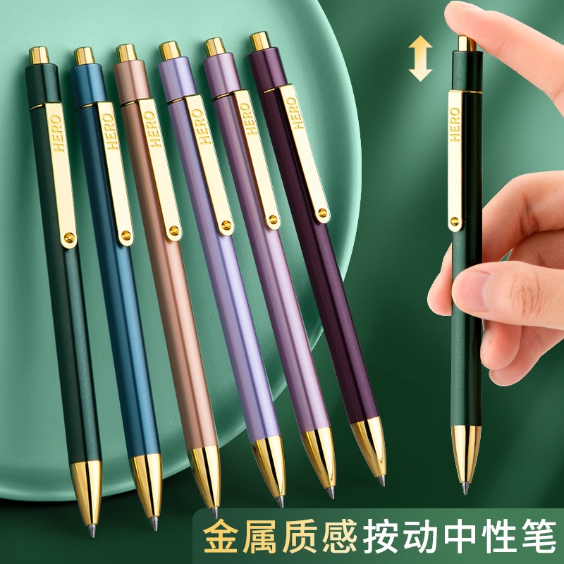 英雄金屬按動中性筆圓珠筆黑筆簽字筆重手感ins日系高顏值筆學生用好看的筆商務高檔筆芯0.5按壓式按動筆-細節圖3