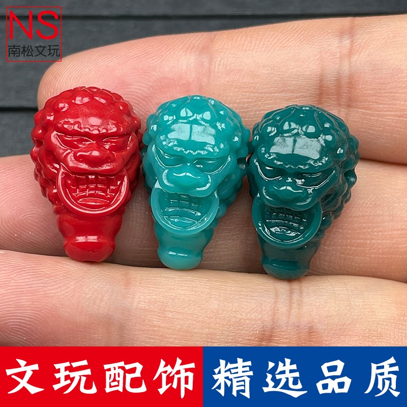 雪巴三通獅子頭鋪首三通雕刻星月金剛琉璃珠文玩配飾佛頭佛塔配件-細節圖3