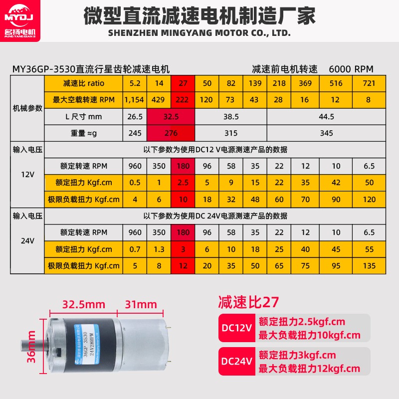 微型直流減速電機12v24伏名揚36GP-3530低速行星齒輪大扭力小馬達-細節圖8