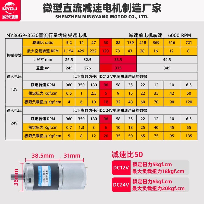 微型直流減速電機12v24伏名揚36GP-3530低速行星齒輪大扭力小馬達-細節圖9