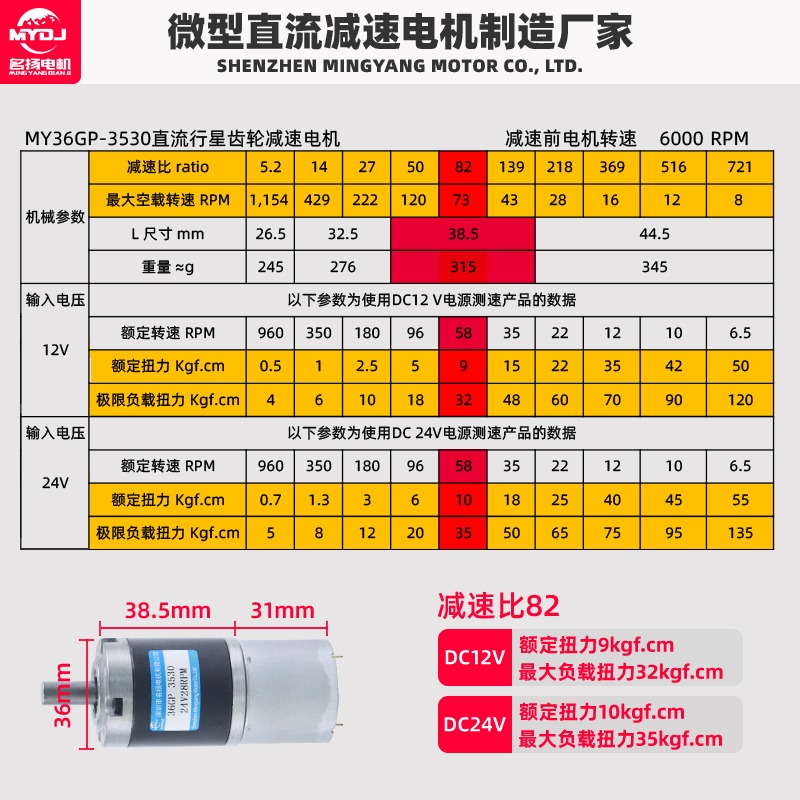 微型直流減速電機12v24伏名揚36GP-3530低速行星齒輪大扭力小馬達-細節圖10