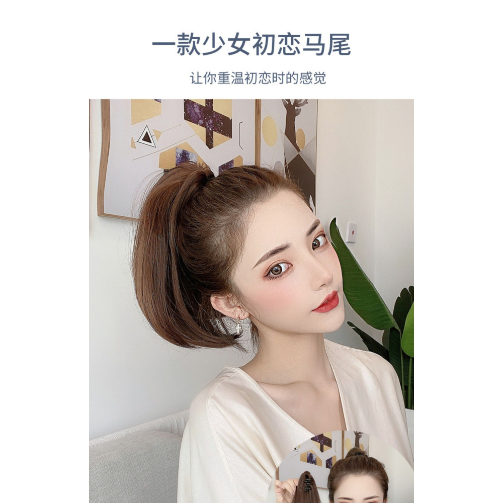 超短馬尾假發女抓夾式內扣短款直發假馬尾網紅微卷自然辮子仿真-細節圖10