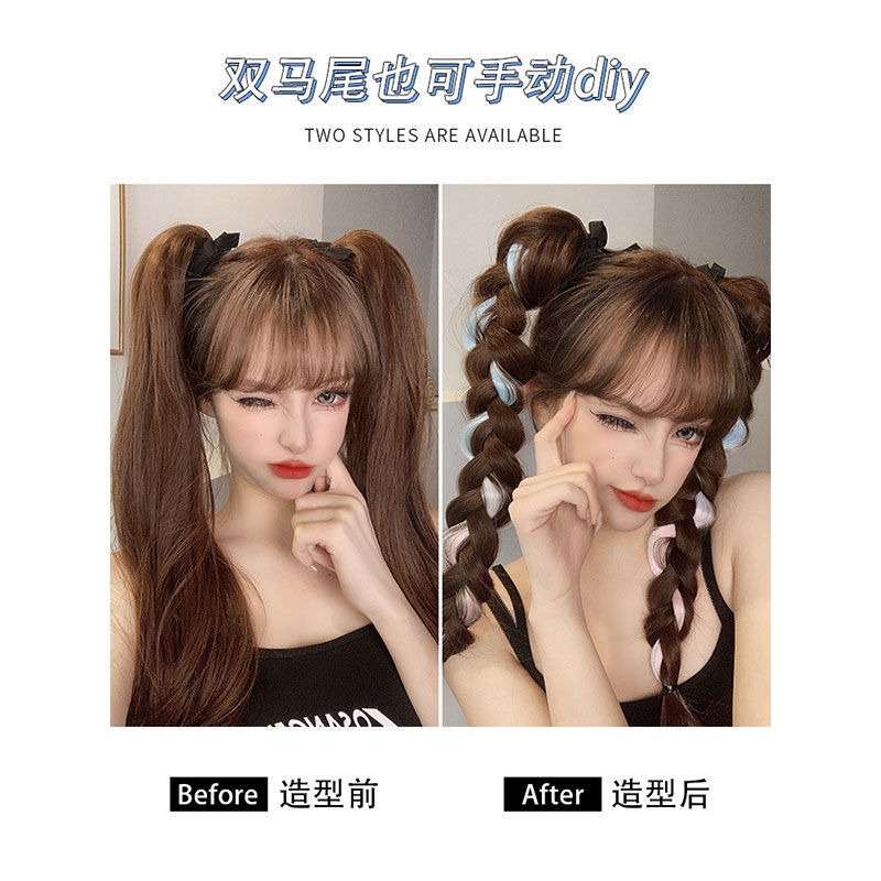 假發片雙馬尾彩色挑染假發女jk日系軟妹綁帶式長卷發網紅蘿莉微卷-細節圖3
