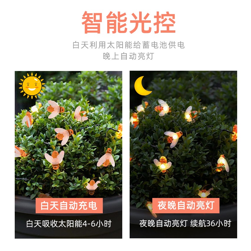 太陽能燈戶外庭院燈LED七彩燈串防水花園裝飾別墅蜜蜂燈串閃燈帶-細節圖9