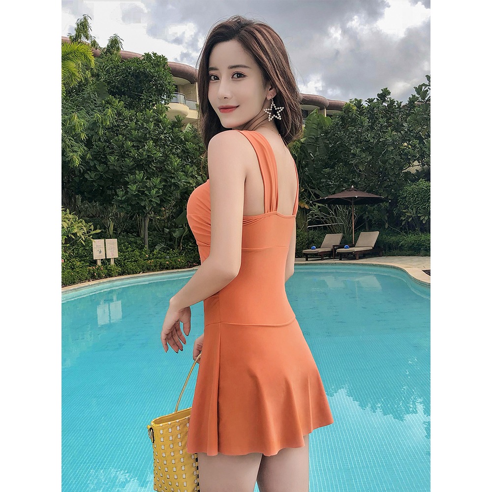 泳衣女泡溫泉保守顯瘦遮肚性感韓國2021新款連體裙式大碼平角泳裝-細節圖2