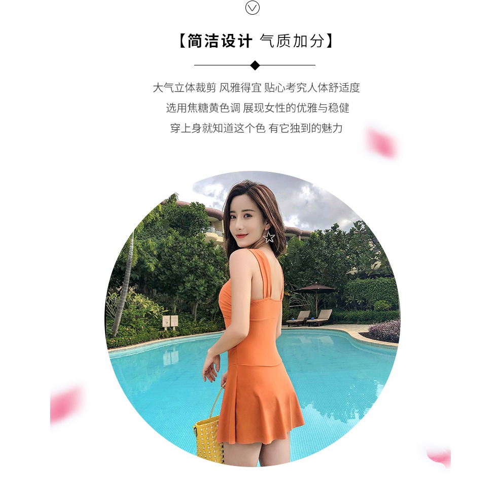 泳衣女泡溫泉保守顯瘦遮肚性感韓國2021新款連體裙式大碼平角泳裝-細節圖7