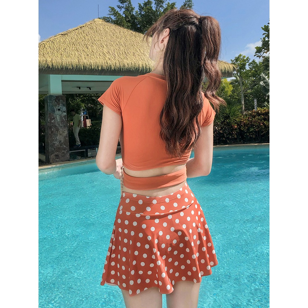 泳衣女保守分體平角游泳衣2021新款顯瘦遮肚短袖運動大碼溫泉泳裝-細節圖2