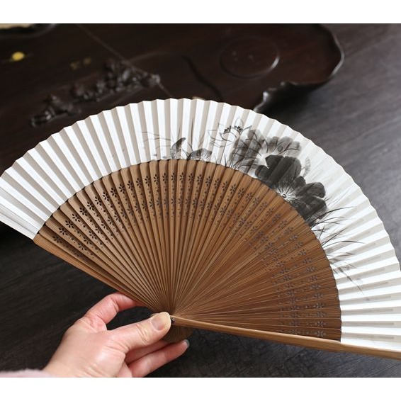 月亮扇 高檔男扇女扇中國風摺扇竹柄扇穿扇雙面紙扇 梅花 送扇套-細節圖6