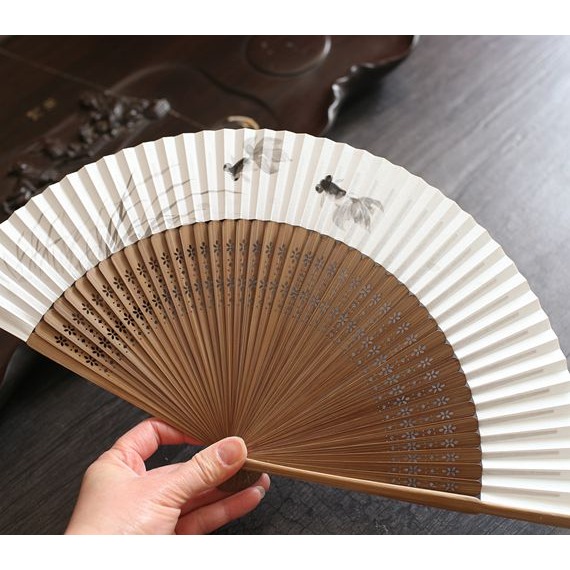 月亮扇 高檔男扇女扇中國風摺扇竹柄扇穿扇雙面紙扇 梅花 送扇套-細節圖8