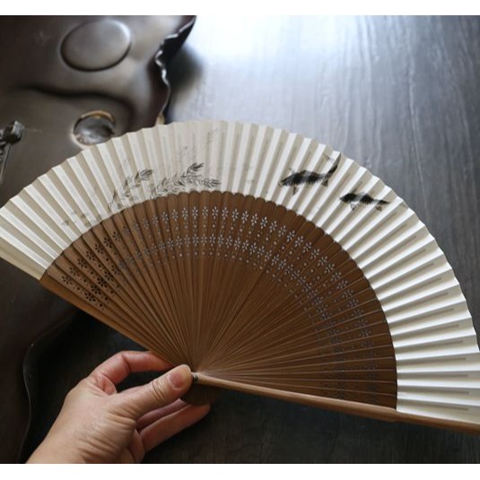 月亮扇 高檔男扇女扇中國風摺扇竹柄扇穿扇雙面紙扇 梅花 送扇套-細節圖9