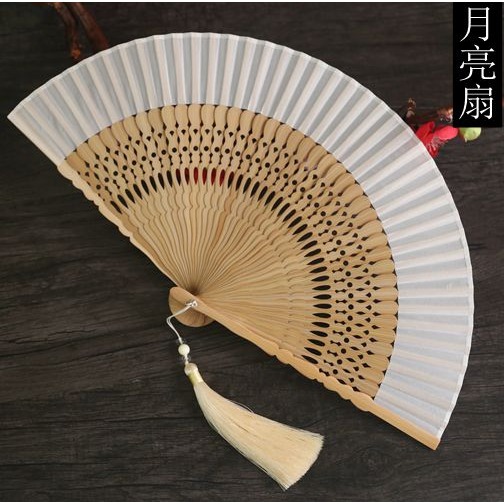 月亮扇 夏季6寸女扇真絲布摺扇旗袍走秀扇方便攜帶小扇子白色-細節圖6