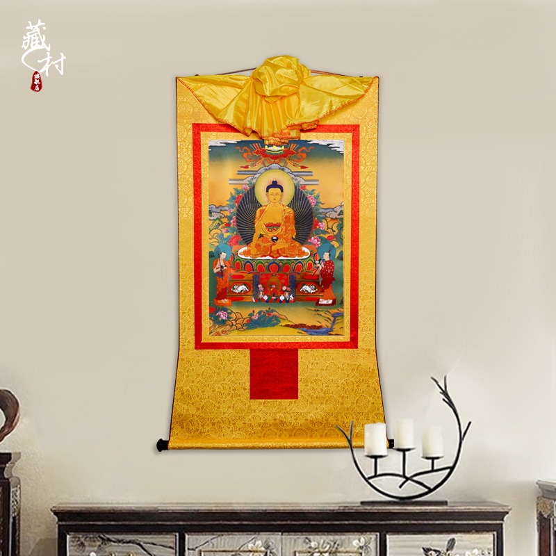 藏村 釋迦牟尼佛唐卡 中式裝裱家用居家用品鍍金燙金裝飾掛畫85cm-細節圖5