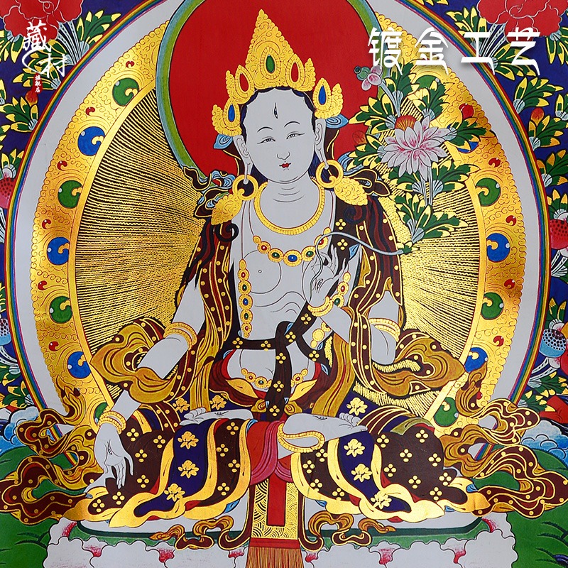藏村 白度母唐卡 居家室內用品佛畫像西藏鍍金燙金掛畫客廳裝飾畫-細節圖3