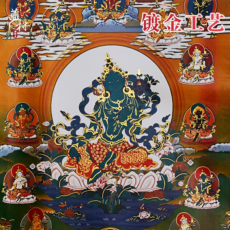 藏村唐卡西藏掛畫綠度母掛件鍍金燙金客廳裝飾畫二十一度母長85cm-細節圖3