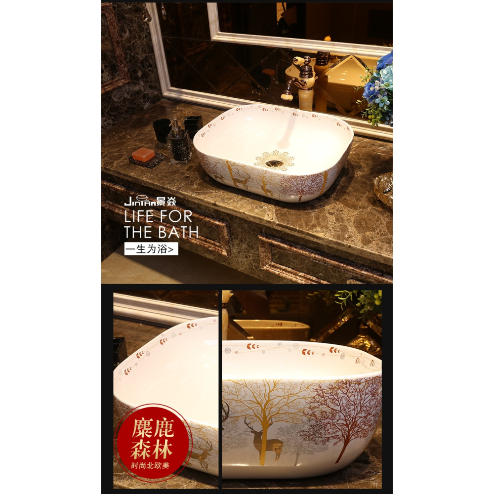 景焱麋鹿森林藝術臺上盆北歐陶瓷洗臉盆歐式臺盆家用洗面盆洗手盆-細節圖8