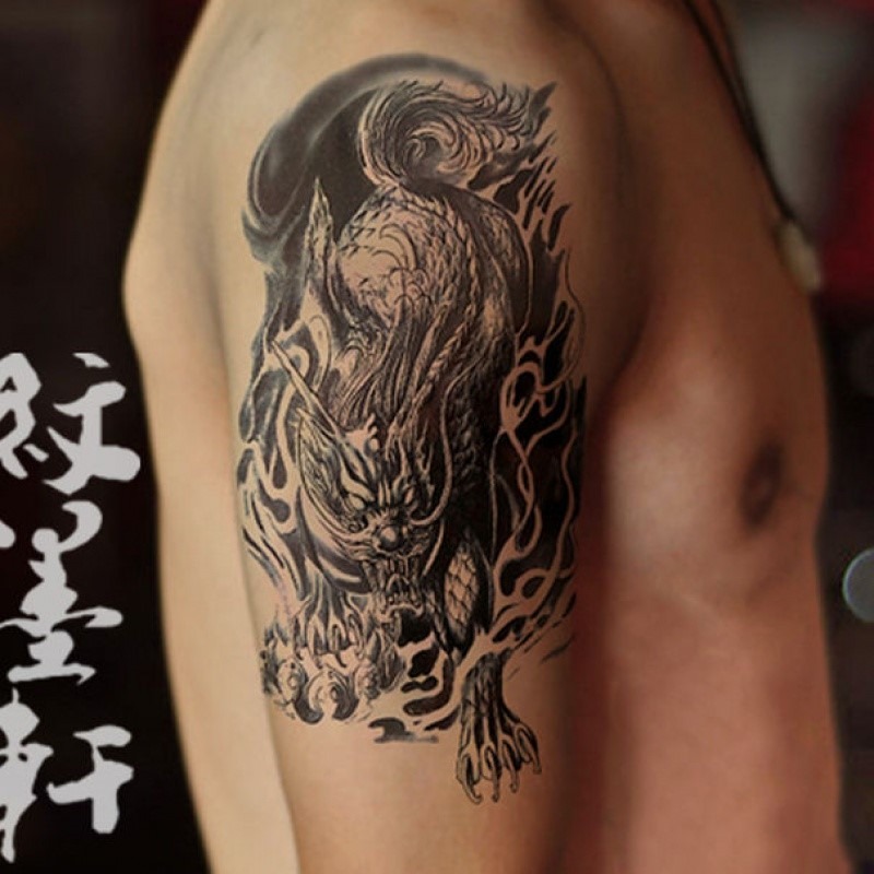 黑麒麟花臂紋身貼 麒麟 龍 饕鬄 防水紋身貼 男 後背手臂逼真刺青-細節圖5