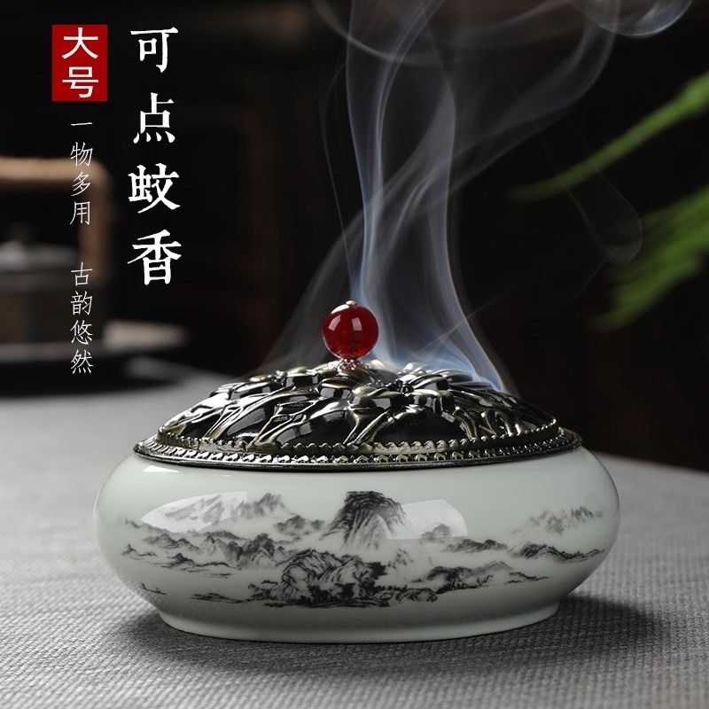 蚊香爐家用室內大號創意陶瓷盤香檀香蚊香盒線香插香道驅蚊香擺件-細節圖2