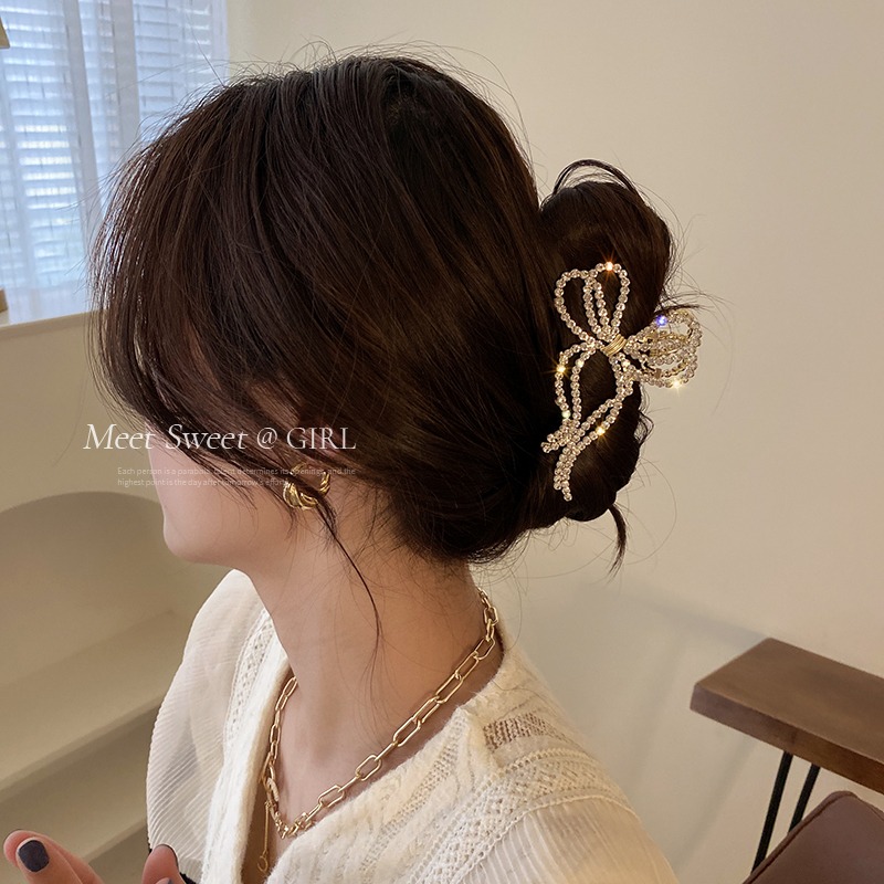 鑲鉆珍珠蝴蝶結發夾女後腦勺抓夾發飾高級感鯊魚夾發卡夾子頭飾-細節圖2