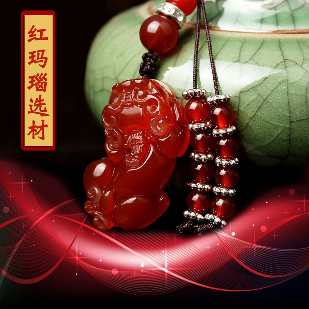 卓弘 紅瑪瑙貔貅鑰匙扣包包掛件掛飾男女款 時尚汽車鑰匙裝飾品-細節圖4