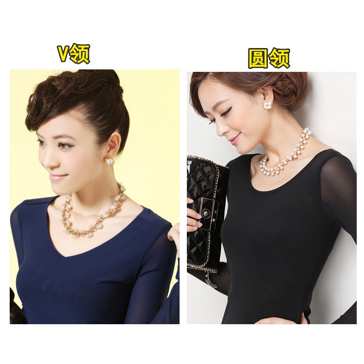 秋季女裝 修身網紗打底衫長袖低領女 黑色長袖U領打底衫修身-細節圖5
