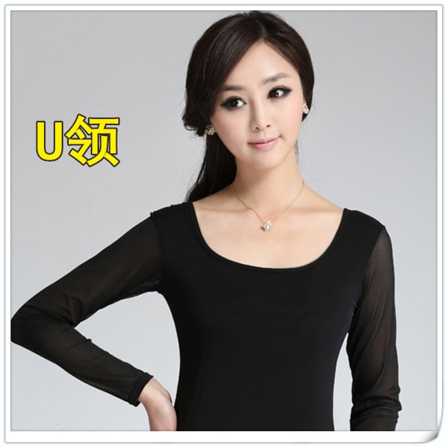 秋季女裝 修身網紗打底衫長袖低領女 黑色長袖U領打底衫修身-細節圖6