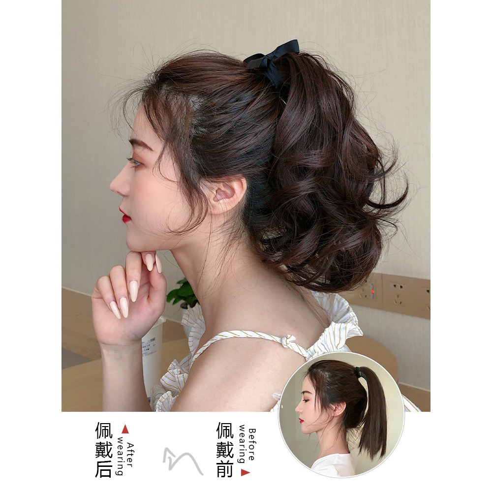 假馬尾假發女 微卷短辮子隱形短卷發 綁帶式短發假發尾短款仿真發-細節圖3