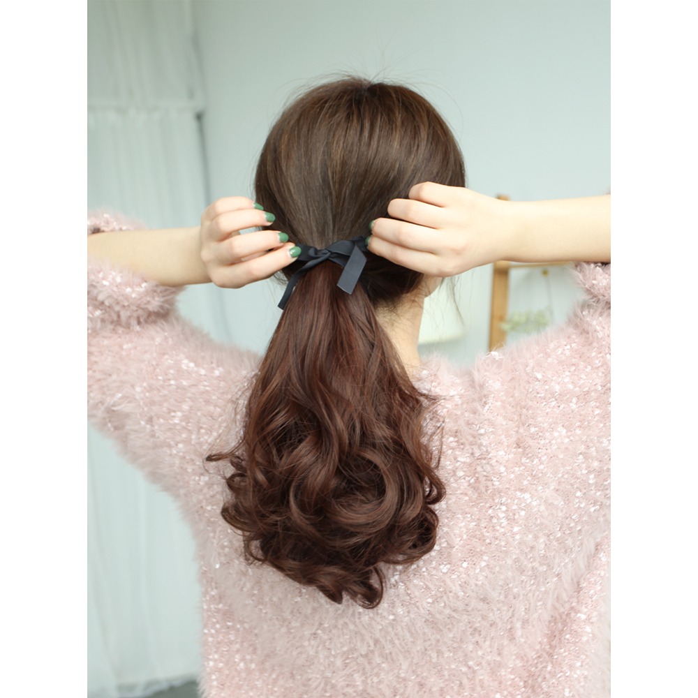 假發馬尾逼真綁帶式女生 梨花長卷發大波浪接發片仿真發低馬尾辮-細節圖2