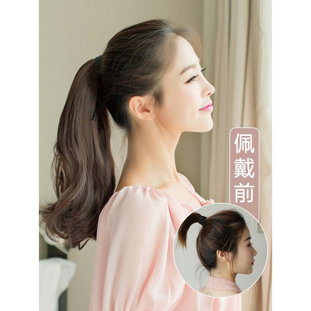 假發馬尾 短款梨花真馬尾假發女真發高長卷發大波浪綁帶式假辮子-細節圖4