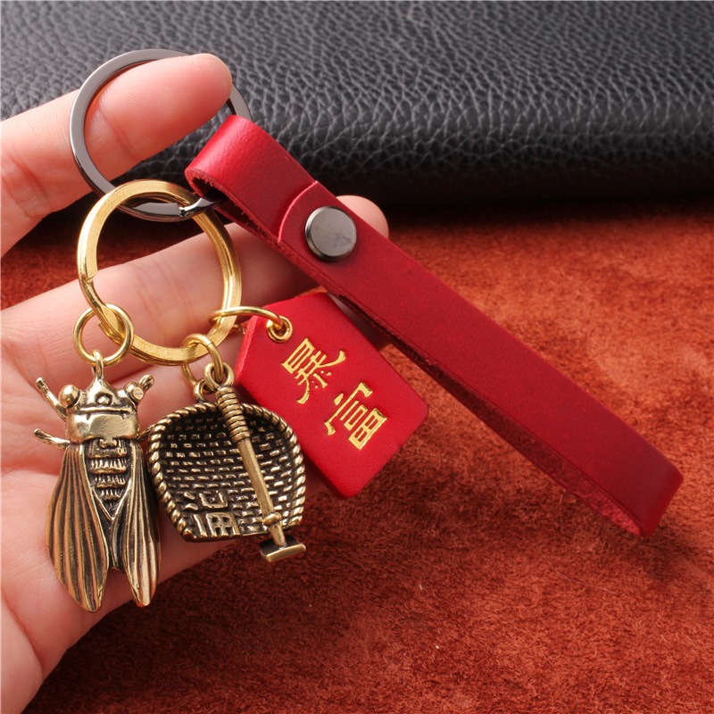 復古手工黃銅簸箕錢袋葫蘆鑰匙扣掛件情侶個性平安喜樂真皮車掛件-細節圖3
