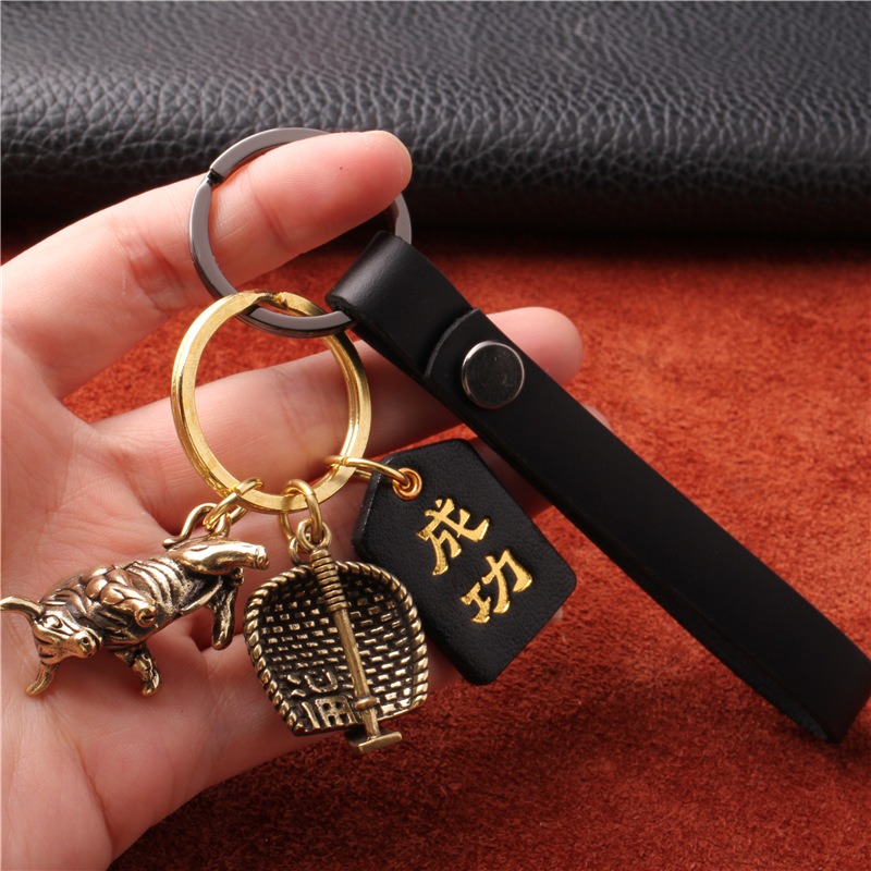 復古手工黃銅簸箕錢袋葫蘆鑰匙扣掛件情侶個性平安喜樂真皮車掛件-細節圖5