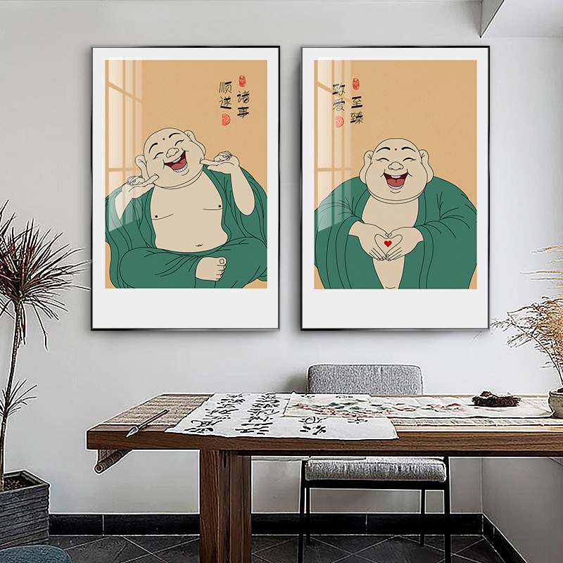 笑口常開彌勒佛掛畫佛系禪意客廳餐廳飯廳茶室裝飾畫玄關卡通字畫-細節圖4