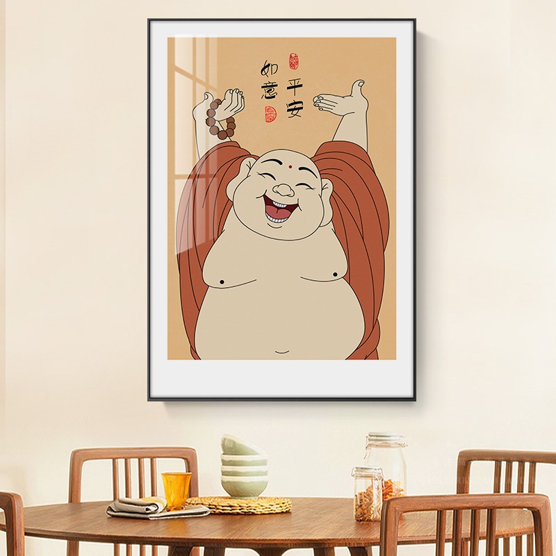 笑口常開彌勒佛掛畫佛系禪意客廳餐廳飯廳茶室裝飾畫玄關卡通字畫-細節圖5