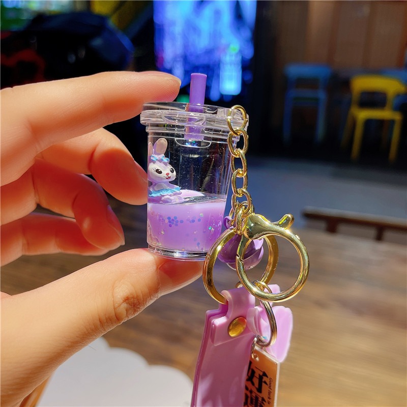 夢幻流沙小兔子鑰匙扣女可愛卡通奶茶杯漂浮瓶少女心包掛飾小禮物-細節圖3