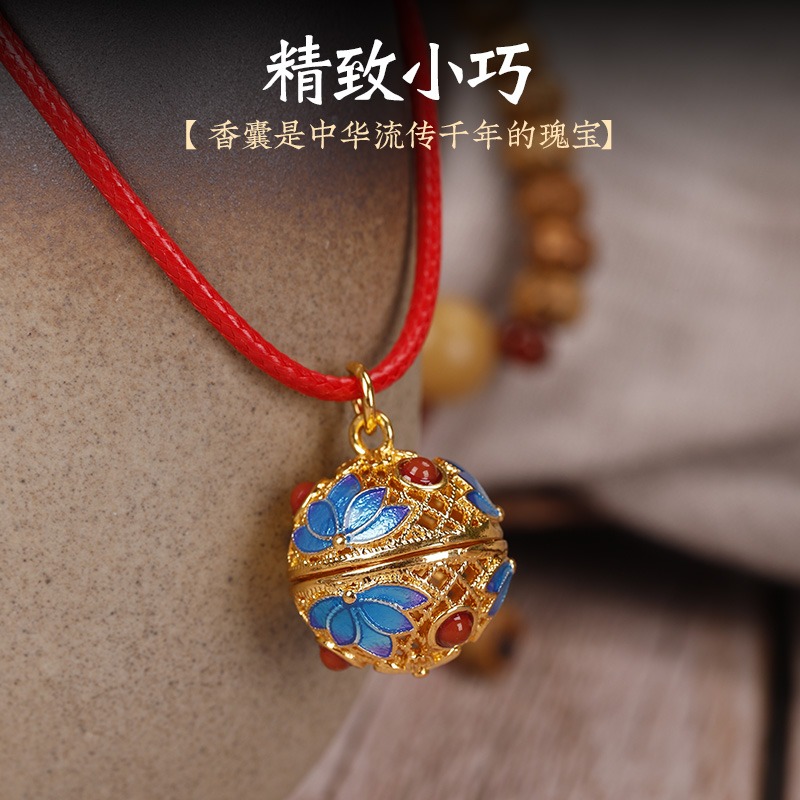原創手工古風鏤空景泰藍香囊球紅繩項鏈吊墜漢服香薰球香珠包掛件-細節圖2