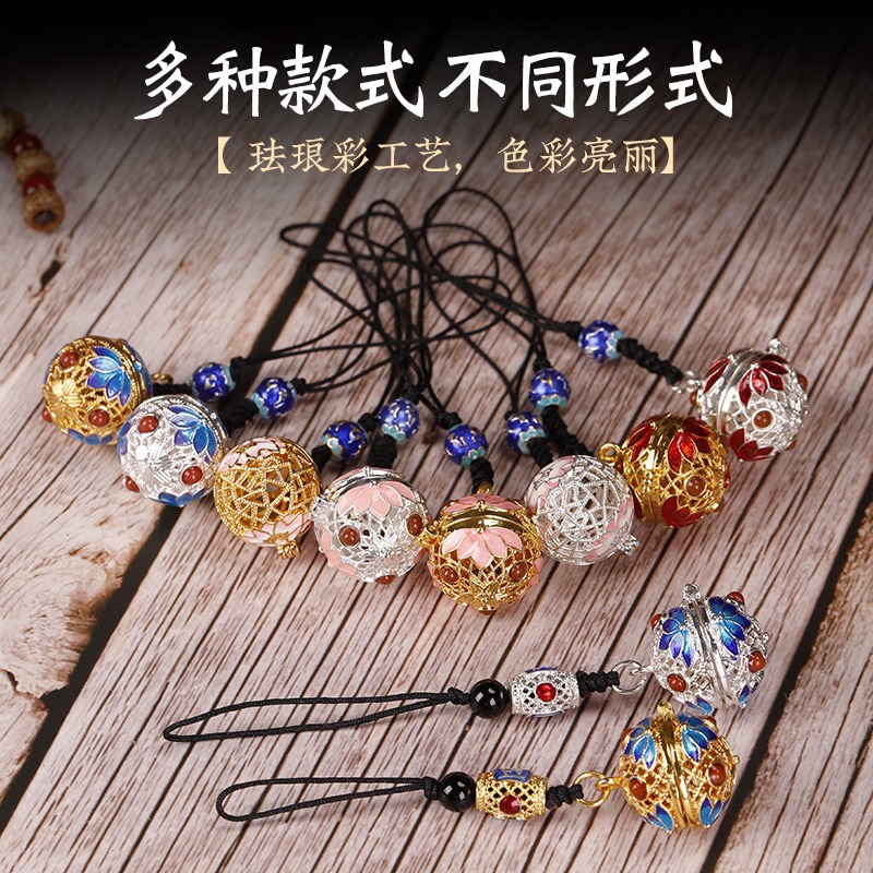 原創手工古風鏤空景泰藍香囊球紅繩項鏈吊墜漢服香薰球香珠包掛件-細節圖3